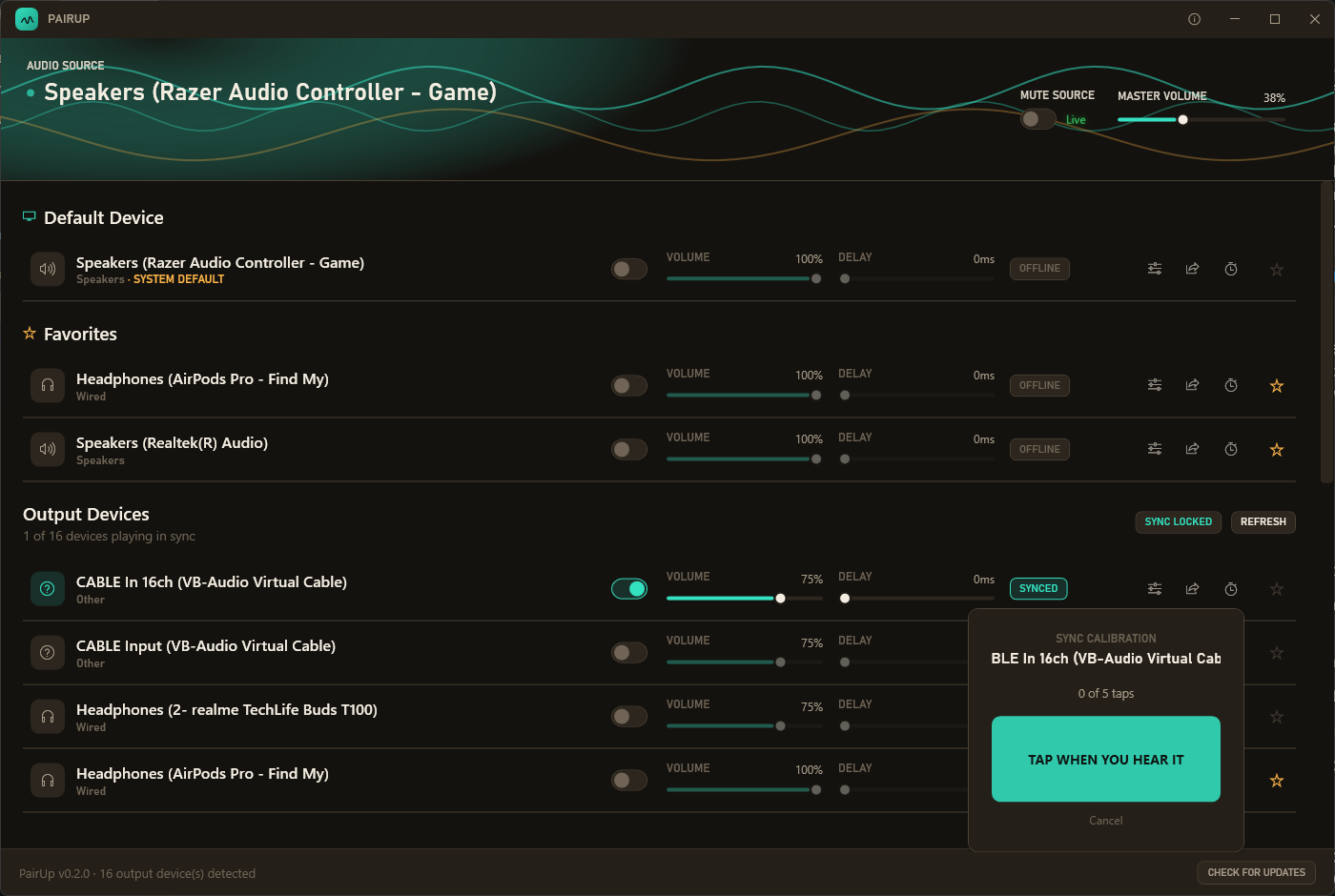 Sync calibration popup, tap-along running state