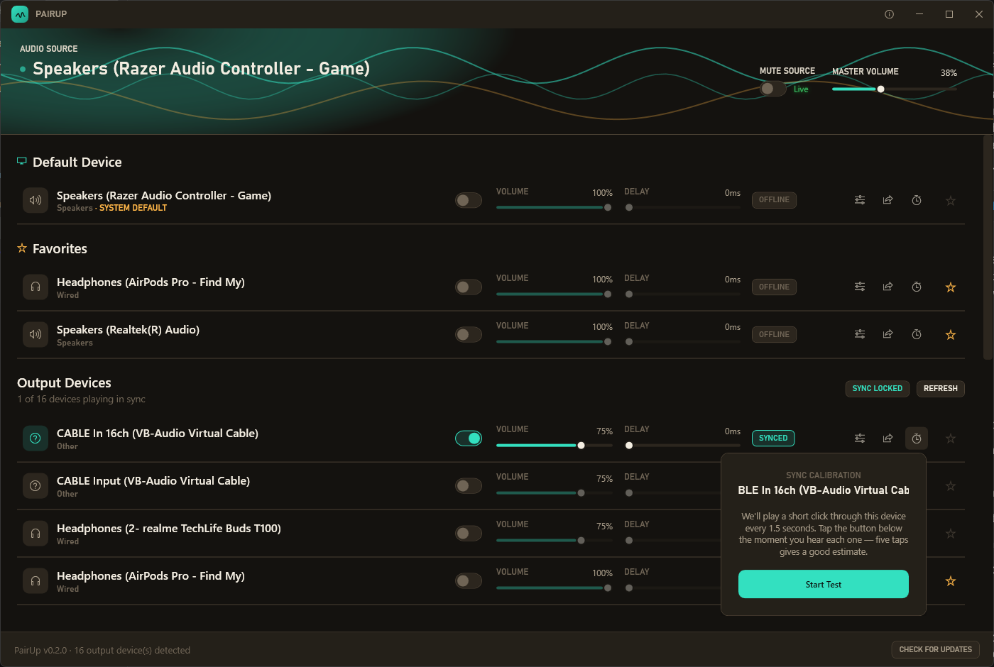 Sync calibration popup, idle state