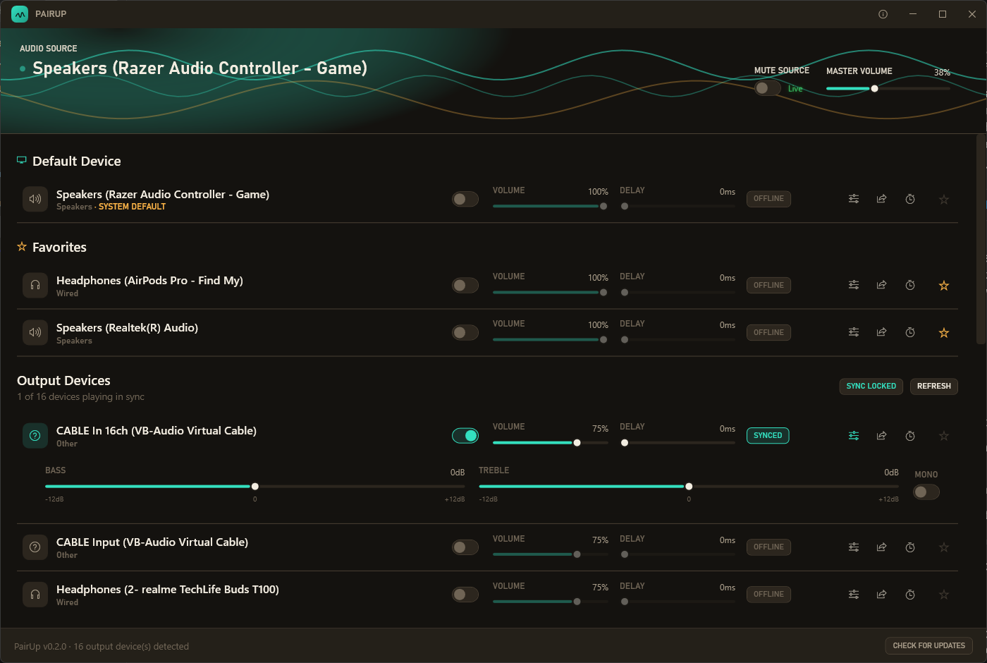 Per-device EQ panel with bass, treble, and mono controls