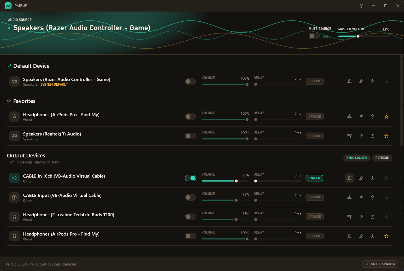 PairUp main window showing connected devices, favorites, and live volume/delay controls